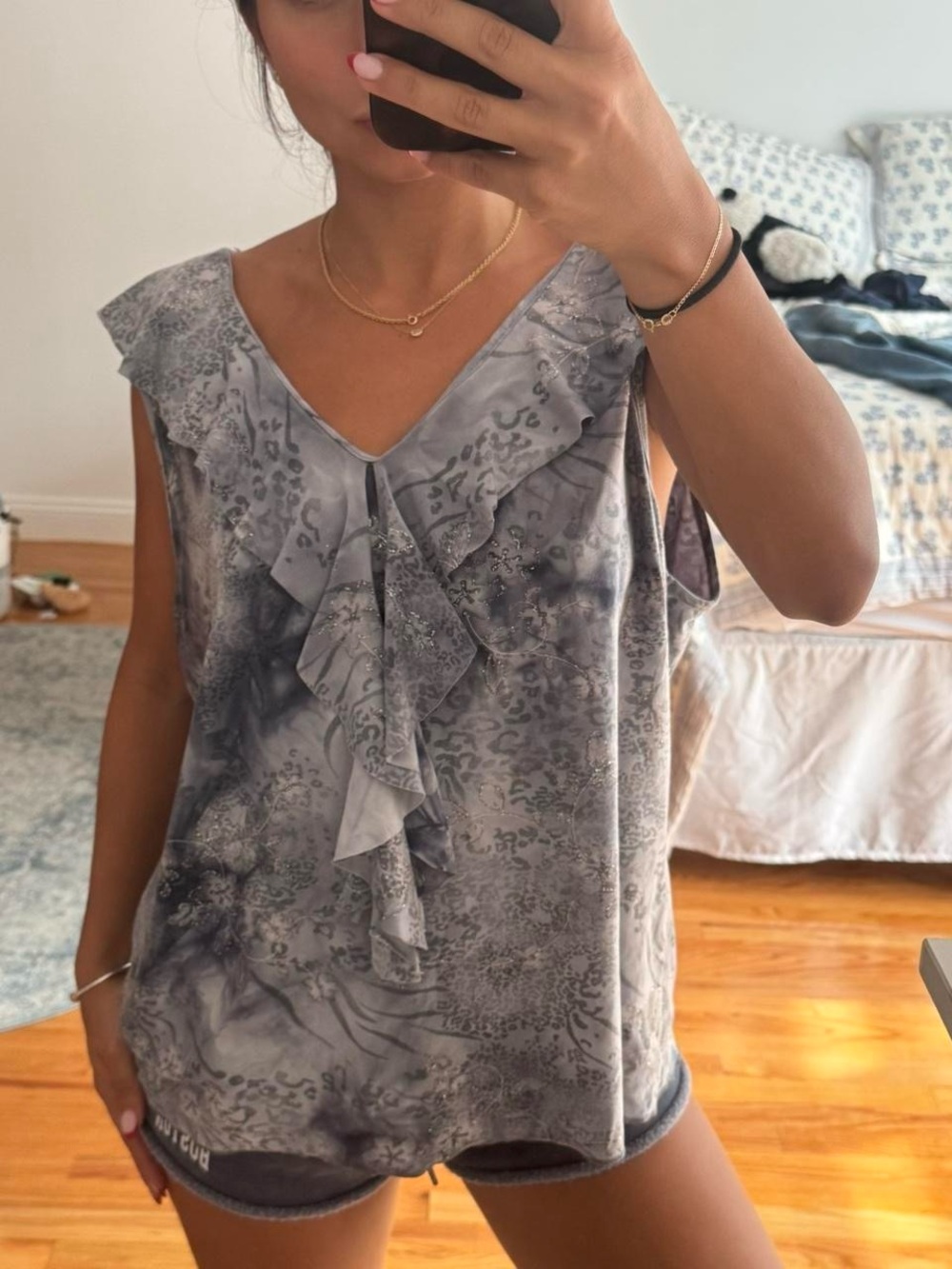 Sleeveless Gray Ruffle V-Neck Camisole